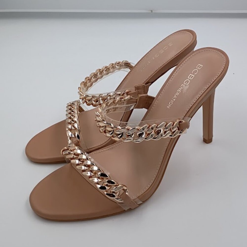 BCBG Jesta Sandal in Clear/Tan with gold metal Women's Size 8